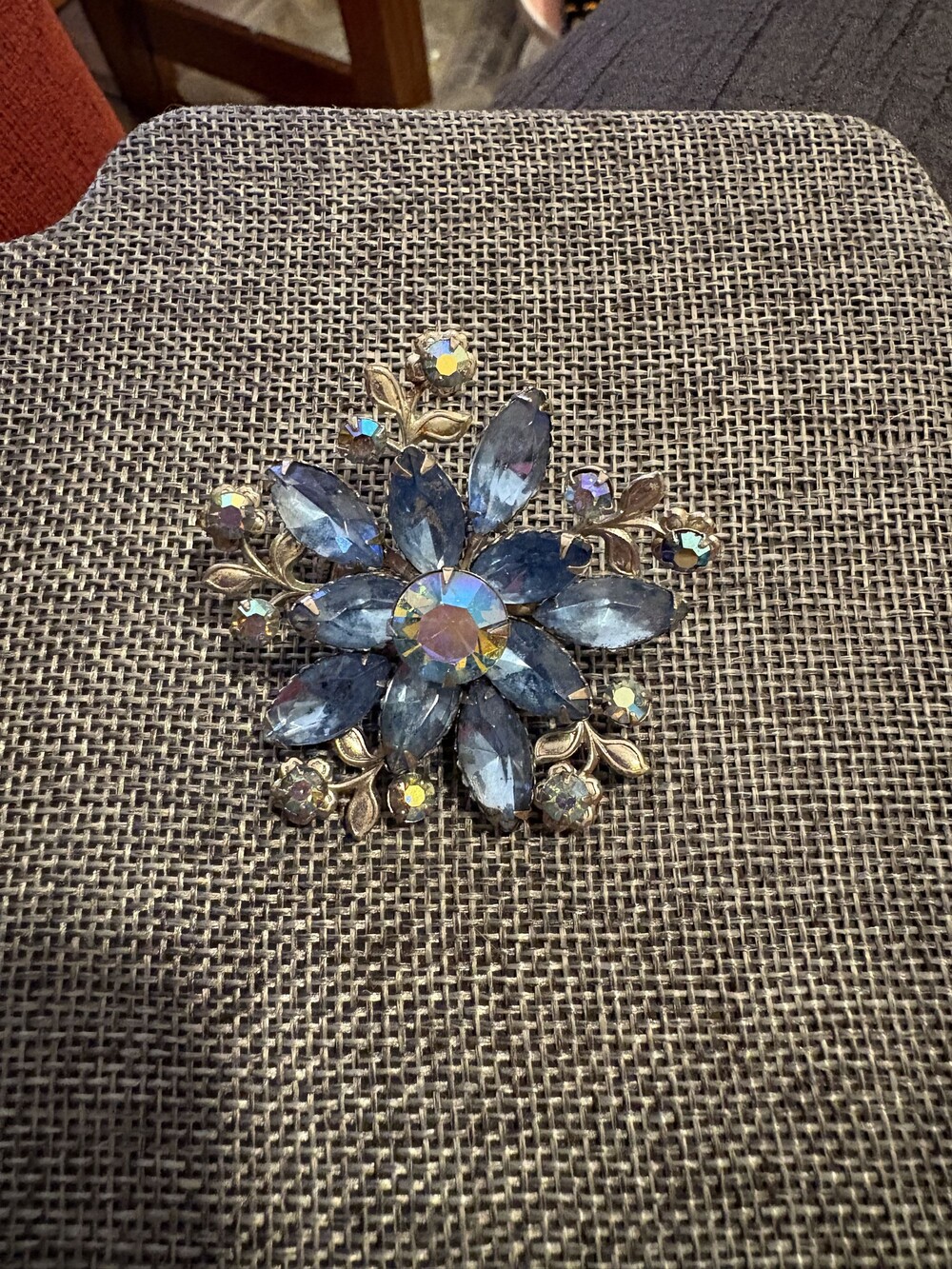 Vintage Blue Crystal Flower Brooch Gold Tone Statement Pin